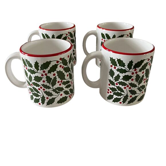 Waechtersbach Coffee Mugs Set of 4 Christmas Holly White Ceramic Holiday Green - Picture 3 of 11